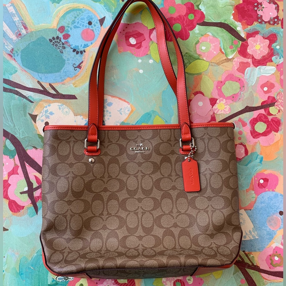 Coach | Khaki & Orange Signature Contast-Trim Tote